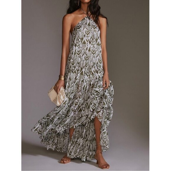NWT Anthropologie Misa Boho Print Halter A-Line Midi Maxi Dress Small Olive Ikat - Picture 1 of 12